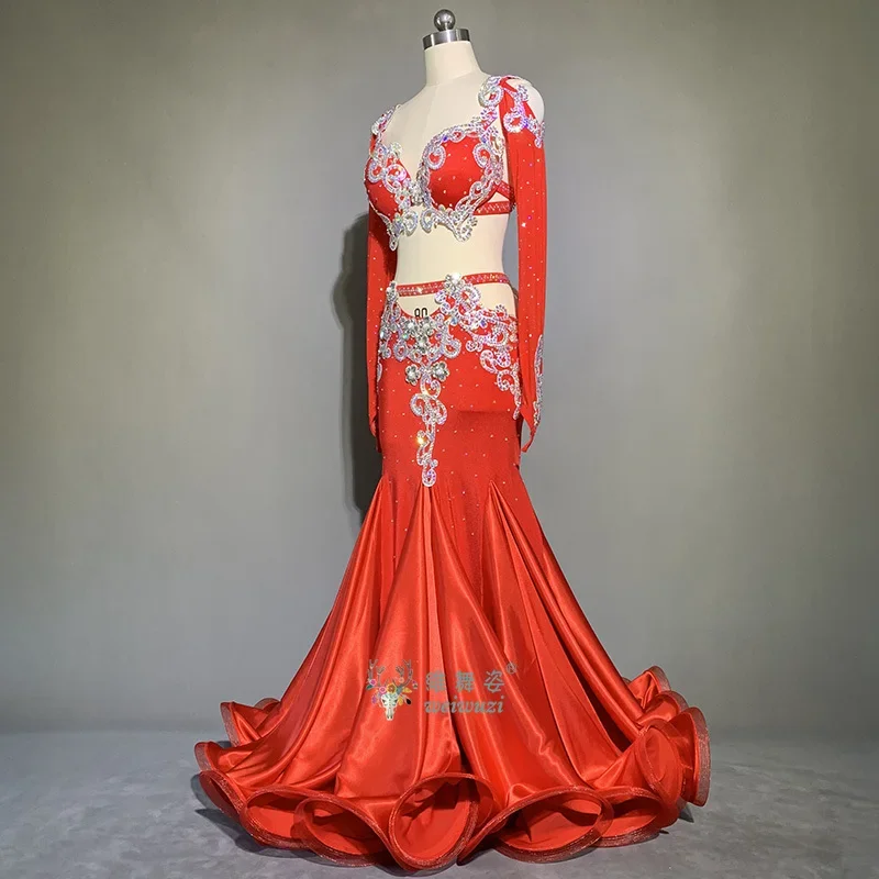 Belly Dance Performance Set Long sleeves Elegant Bra+buttocks Fishtail Skirt Original Suit for Women Bellydancing Wear Outfit