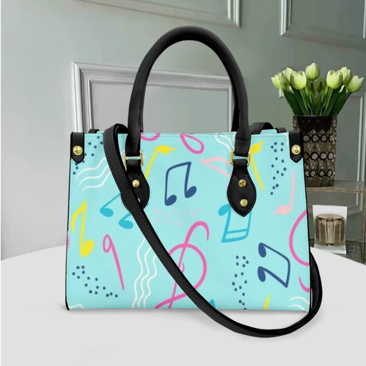 Music Brand Design Long Shoulder Strap Handbag Retro Pu Leather Large Capacity Totes Daily Street Shopping Cross Body Bags Women