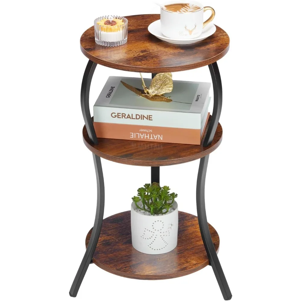 3-Tier Slim Waist End Table With Storage Shelf Corner Coffee Table Nightstand for Living Room Bedroom Small Spaces Rustic Brown