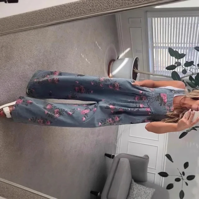 Denim Floral Print Trendy Sleeveless Jumpsuits for Women Rompers Festival Outfit Loose Overalls Pleated Pockets Long Pants