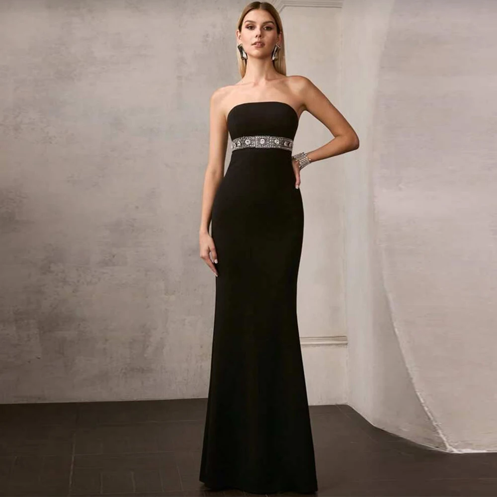 

High Quality Black Jersey Evening Dress Elegant Strapless Mermaid Celebrity Gowns Delicate Crystal Customized Party Dresses