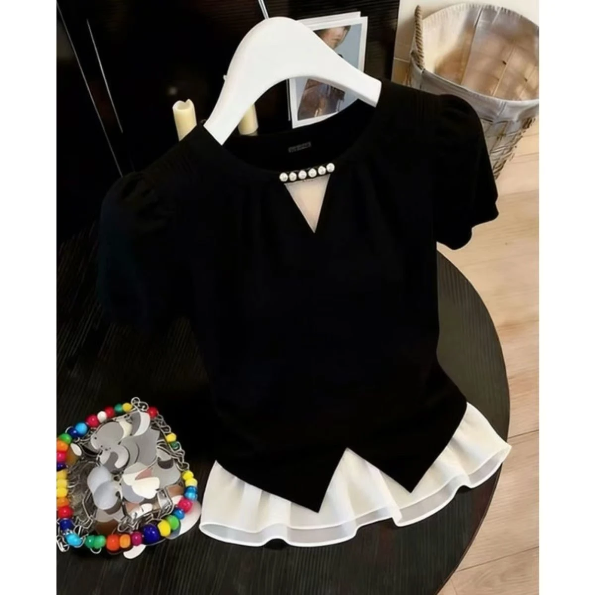 

Fashionable Splice V-Neck Short Sleeve T-Shirt Women's Summer New Style Breathable Skin-Friendly French Style Slim Fit Shirt