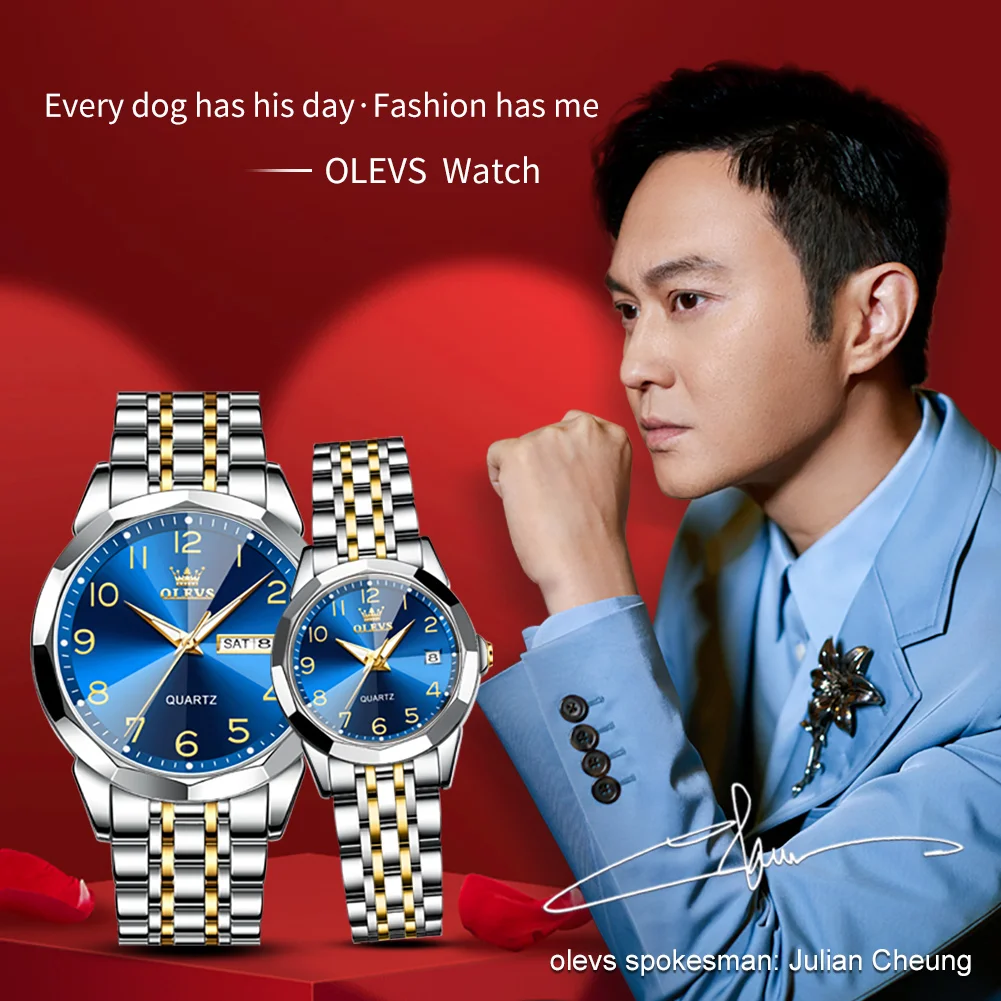 OLEVS 9970 Couple Watch Men's and Women's Stainless Steel Luminous Waterproof Calendar Watch Digital Dial Diamond Mirror Watch