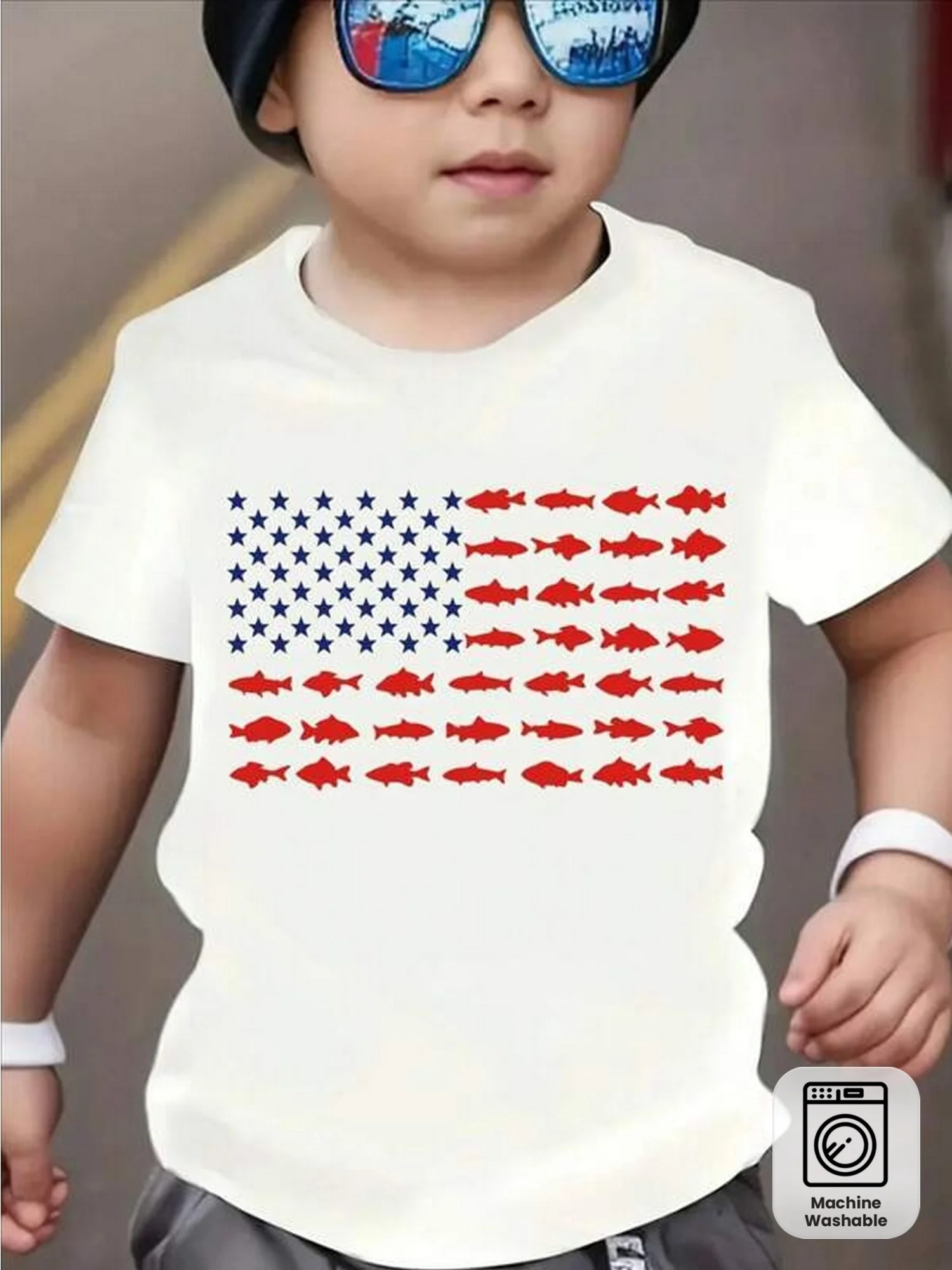 Boys US Flag Fish Print Patriotic T‑Shirt Machine Washable for 3‑14Y