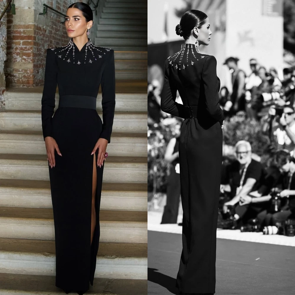

Customized Fashion Jersey Evening Dress Fashion Sweep Train V-Neck Prom Dresses Delicate Long Sleeves Special Occasion Gowns