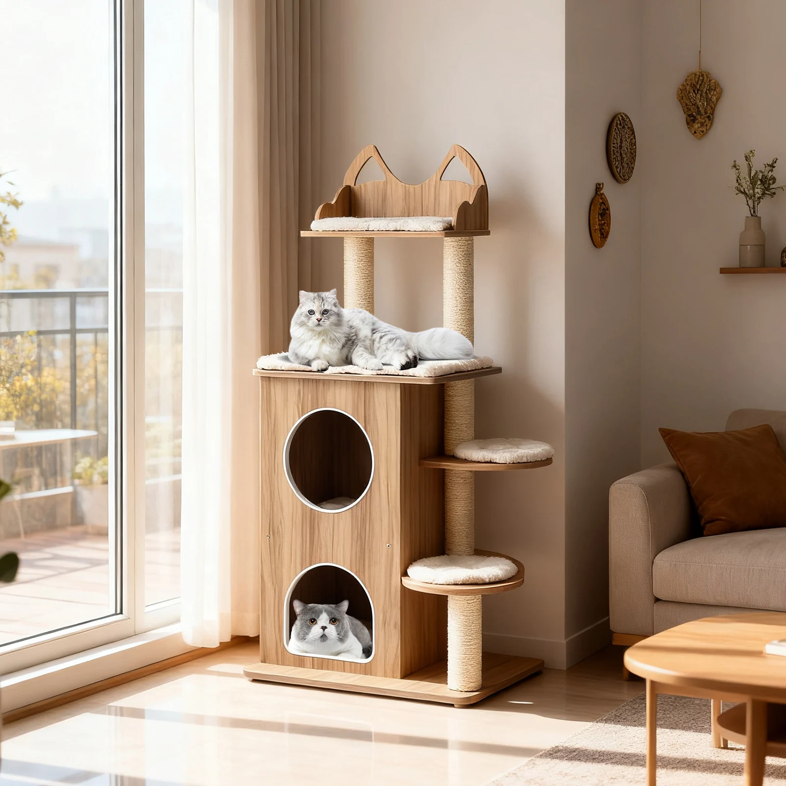 48 Inch houten kattenboom met 2 verdiepingen en wasbare kussens - naturel