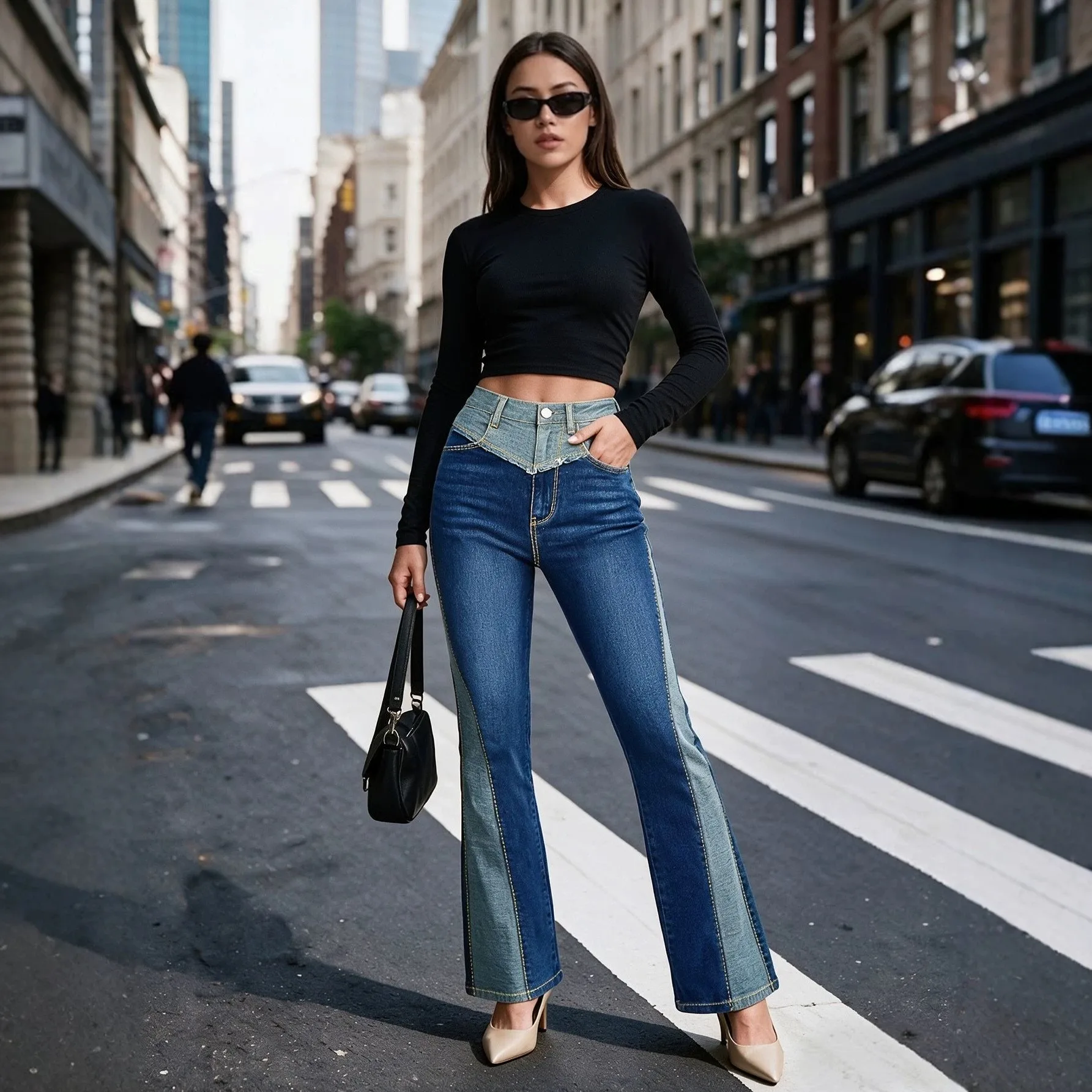 Washed Finish Patchwork Jeans Full Length Western with High Waist Flared Leg Streetwear Regular Thickness Wash Women Jeans Pants