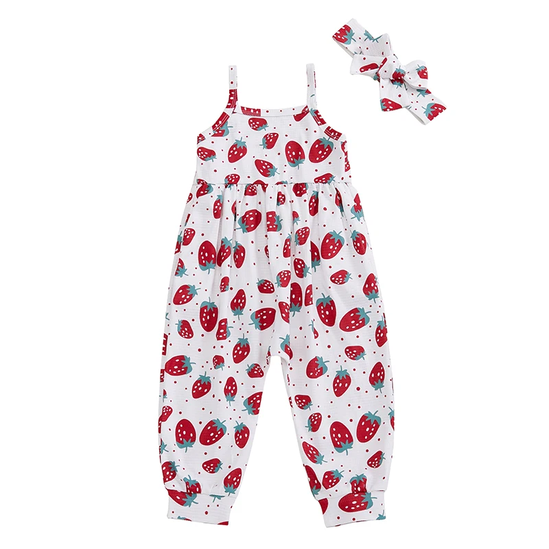 Baby Girl 2Pcs Spring Outfits Sleeveless Strawberry Print Waffle Jumpsuit with Headband Set Kid Clothes