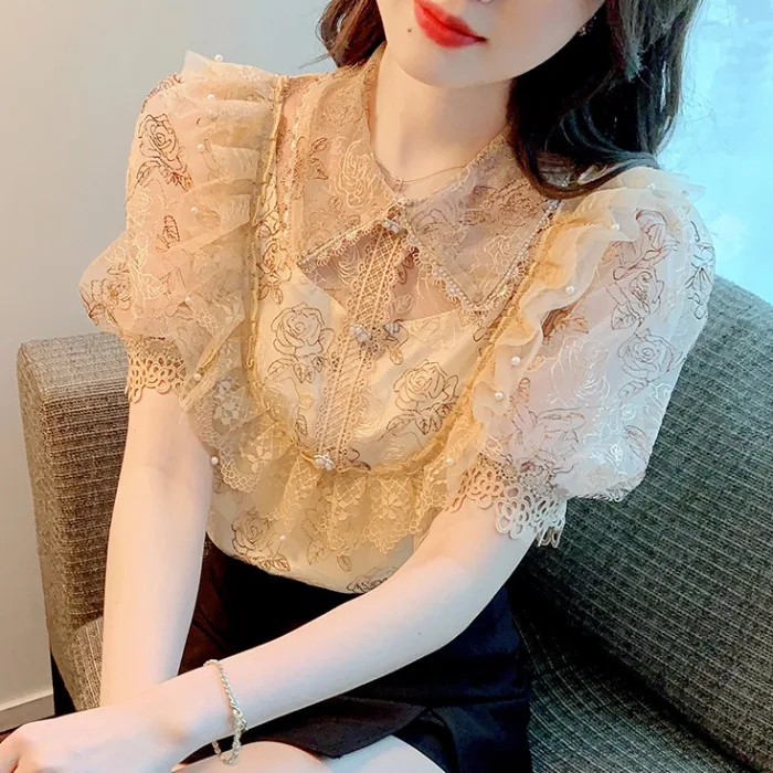 

Модная шифоновая женская блузка с коротким рукавом, летняя новинка, кружевной топ с рукавами-фонариками, элегантная сетчатая блузка в стиле «Супер Фея»