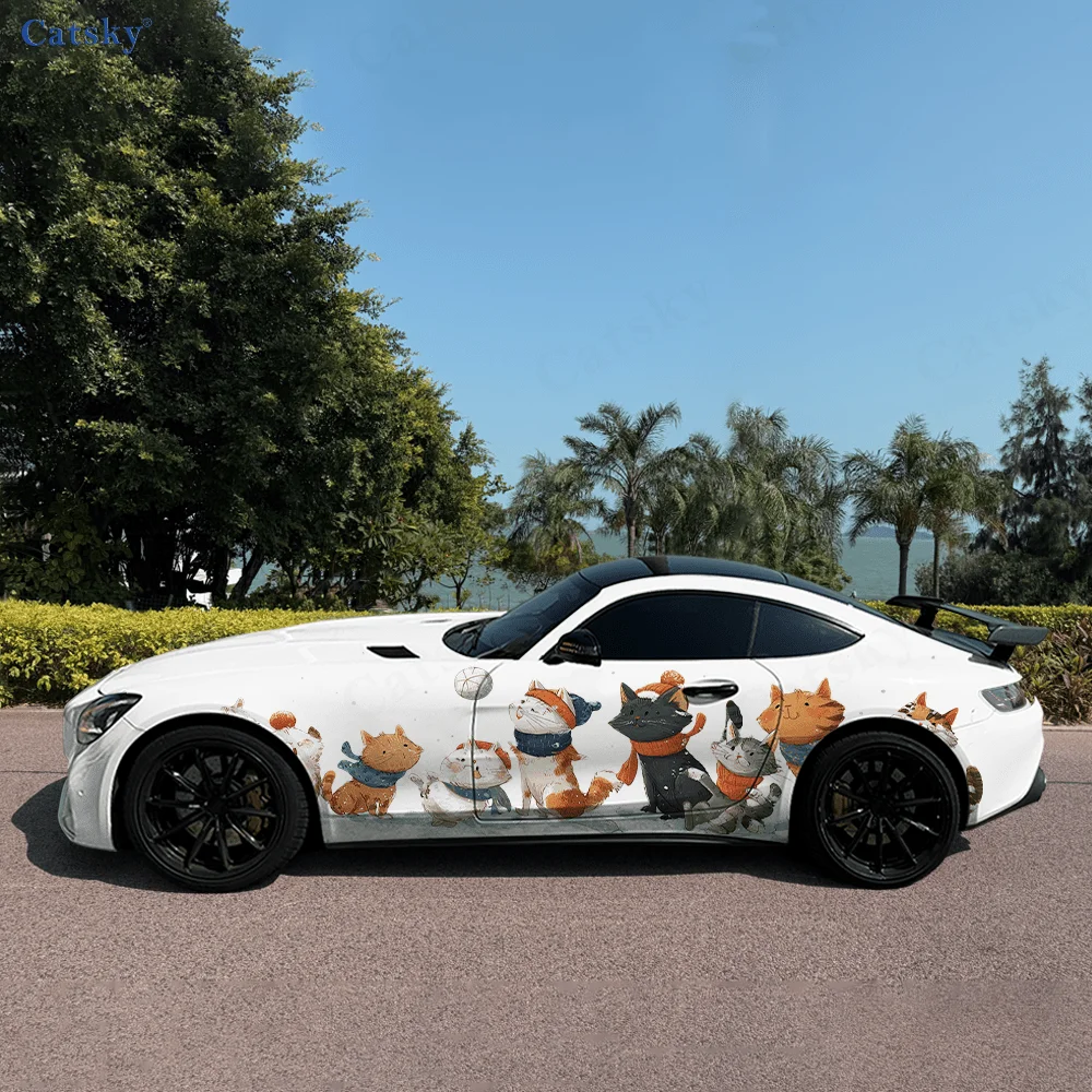 2pcs.Cute Cartoon Retro Winter Snowy Mountain Forest Kitten Car Wrap Sticker.Automotive Sticker.car vinyl wraps