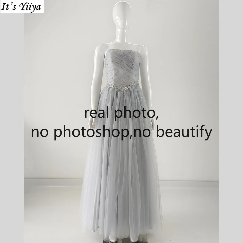 

It's Yiiya Real Photo Evening Dresses Gray Tulle Beads Crystal Strapless A-line Floor Length Plus size Women Party Formal Gowns