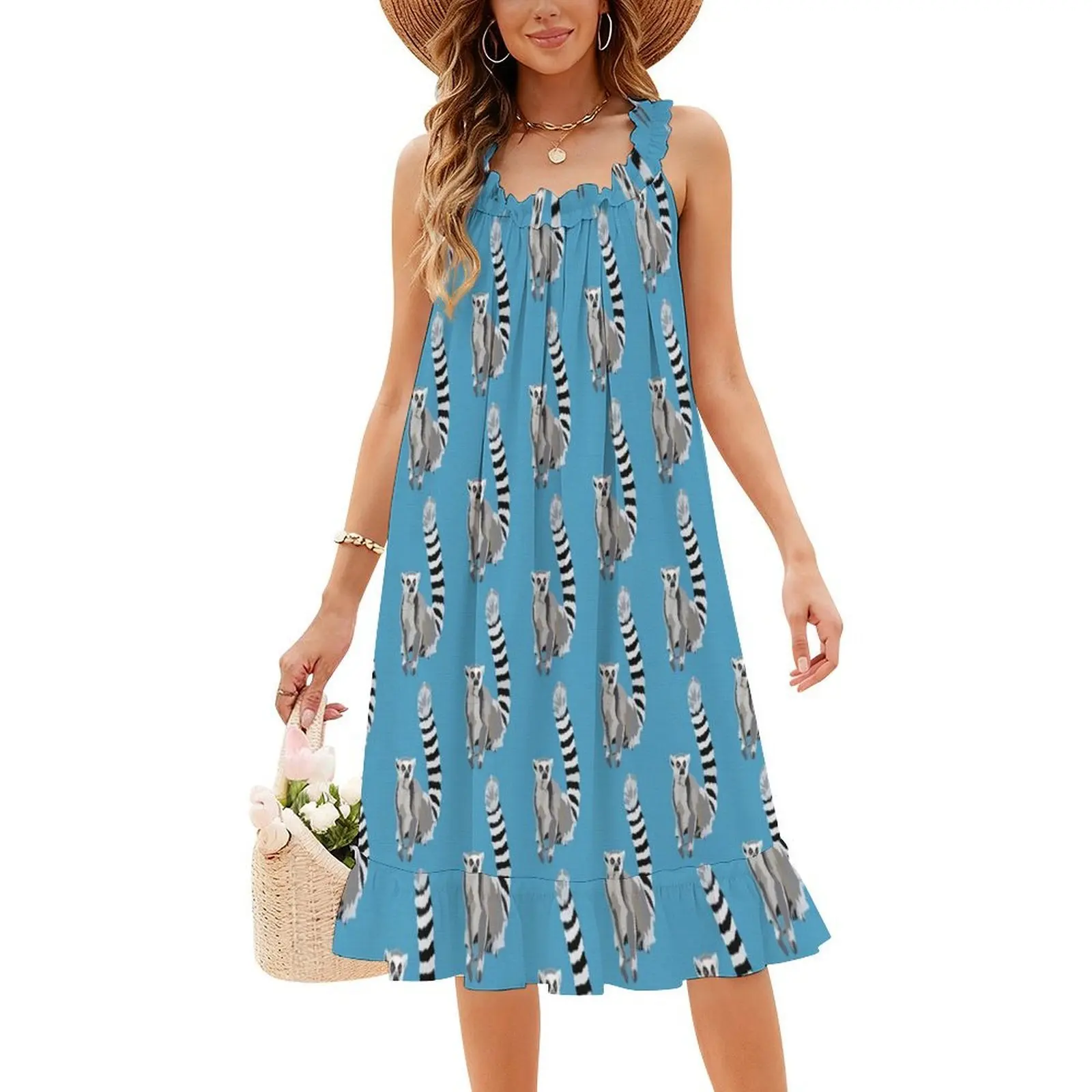 فستان قصير من R Is For Lemur Preppy للنساء على شكل حرف a فضفاض مناسب فستان يوم غير رسمي بحلقة ذيل ليمور للحياة البرية وحفلات الطبيعة #4