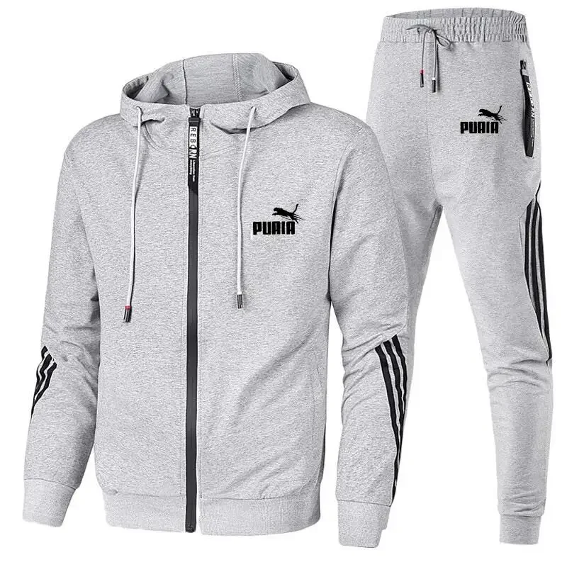 Fashion Tracksuit Men Suit Autumn New Zipper Cardigan Jacket+Sweatpants Stripe Running Fitness Basketball Jogging 2 Piece Set