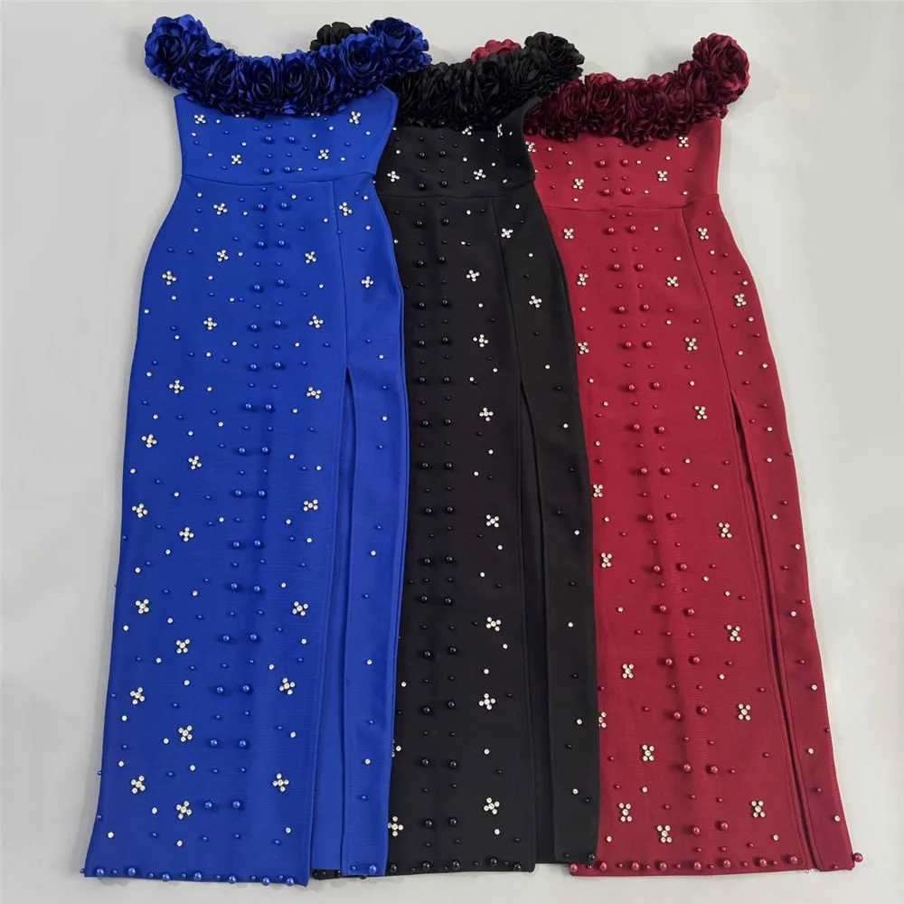 2026 New Luxury Bandage Dress Off Shoulder Flowers Pearls Open Leg Ankle Length Birthday Celebrity Evening Club Party Dresses