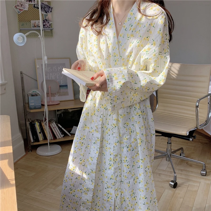 Lovely Autumn Cotton Long Kimono Pajamas Women V-Neck Long Sleeve Lace Up Sleepwear Night Dress Floral Print Nightgown