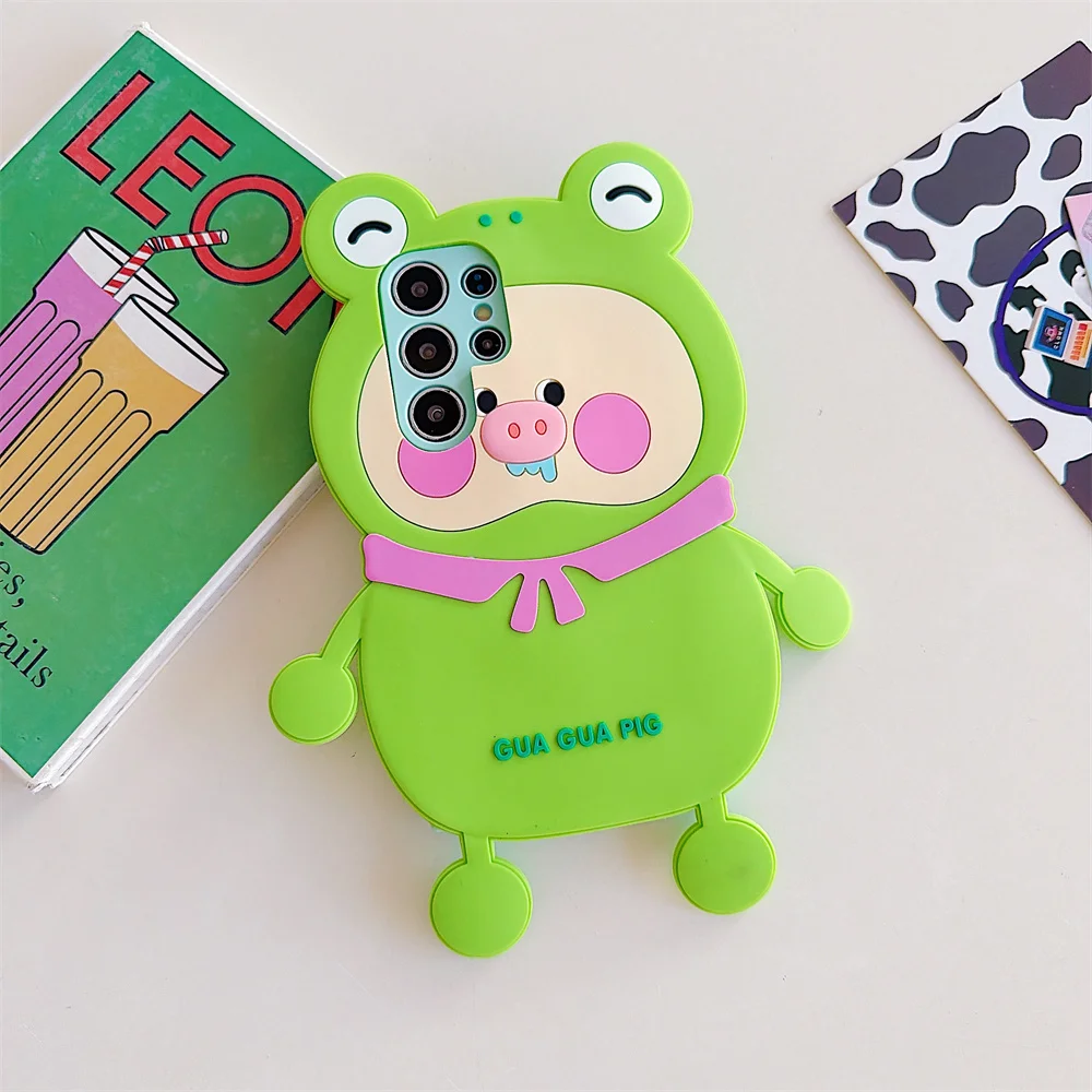 17 Pro Max Kawaii 3D Green Frog Drooling Pig Phone Case for iPhone 16 15 14 13 Pro Soft Silicone Cartoon Funny Protective Cover