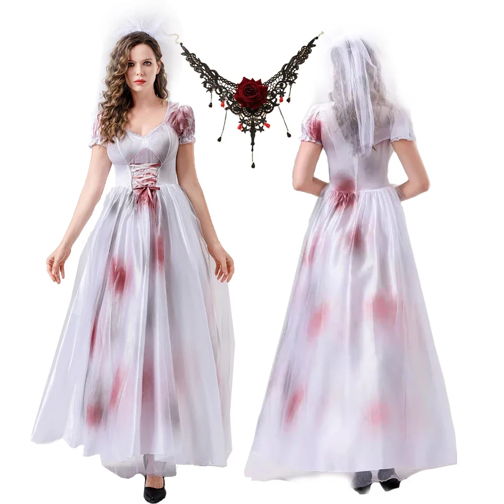 Horror Ghost Bride Cosplay Costume Disguise Corpse Bloody Dress for Women Full Set Halloween Carnival Party Clothes Role Play