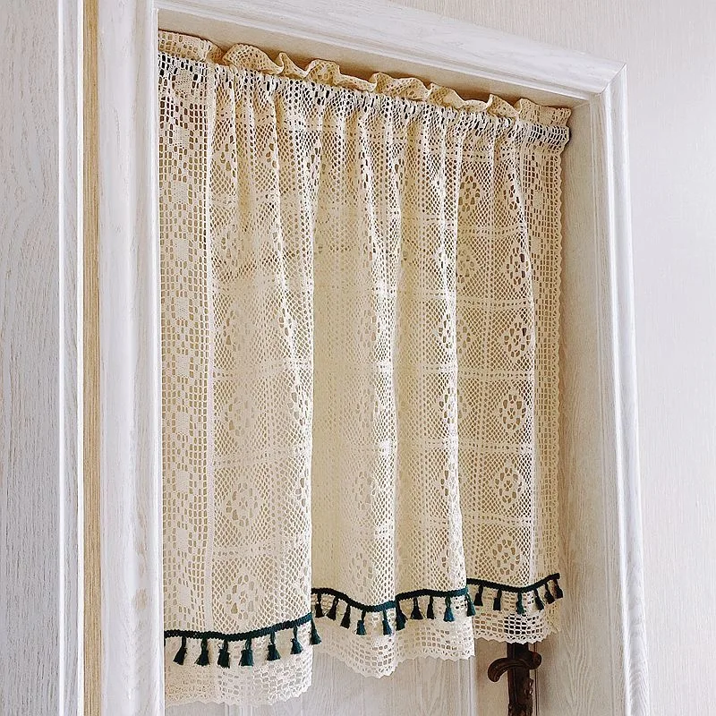 American Country Crochet Hollow Door Curtains for Kitchen Living Room Manual Rhombus Lace Tassels Half Curtains #A553