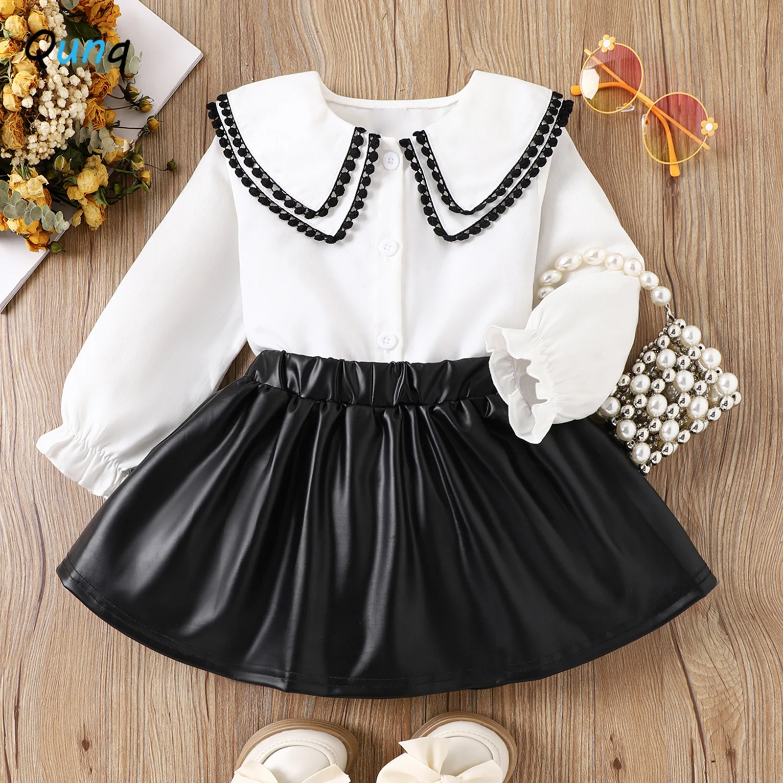 

Qunq 2023 Autumn Girls Solid Single-breasted Long Sleeve Top + Pu Leather Short Skirt 3 Pieces Casual Kids Clothes Age 3T-8T