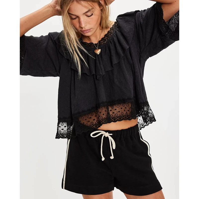 

Combhasaki женские топы с рукавами до локтя, повседневные свободные стильные сетчатые прозрачные кружевные лоскутные рубашки с цветочным принтом, летние блузки с рюшами на воротнике