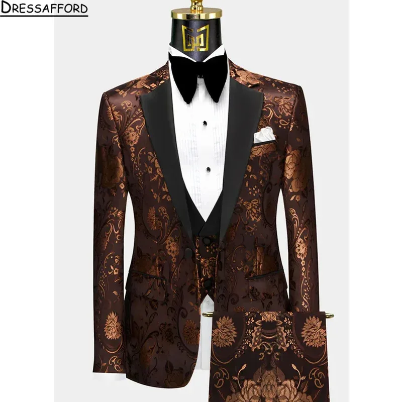 Printed Slit Mens Suits 3 Piece Black Shawl Lapel Formal Groom Tuxedos for Wedding Groomsmen Suits Men (Blazer+Vest+Pant)