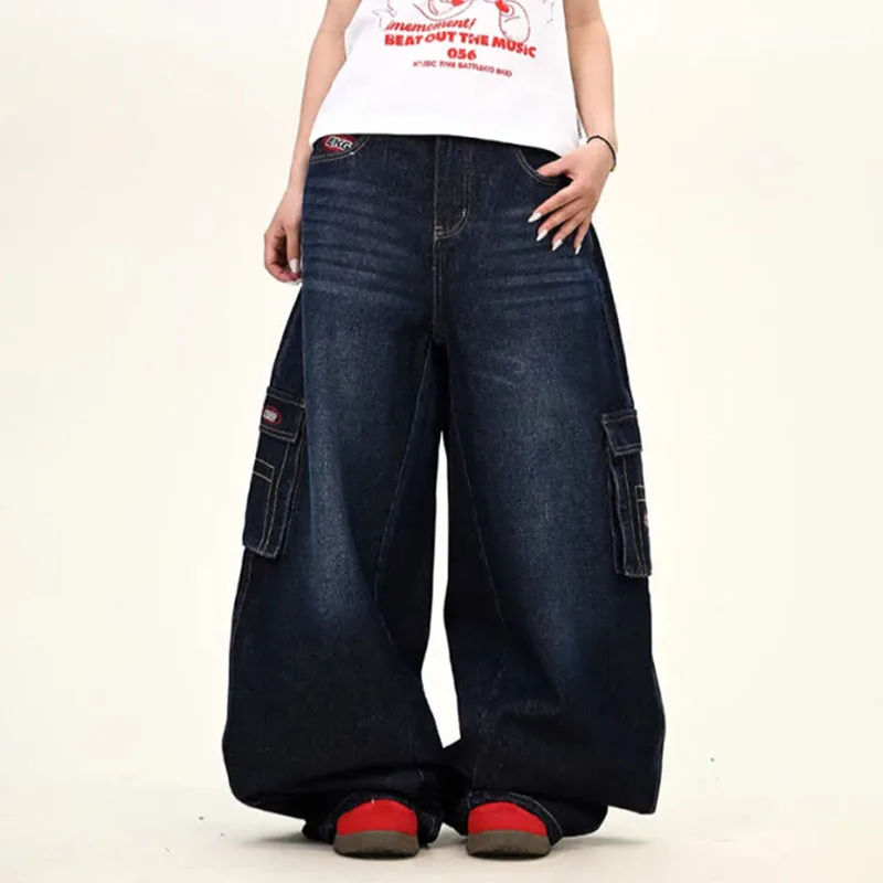 Japanese Korean Versions Harajuku Men'S Jeans Fashion Casual Curved Pants Loose Pants Large Pockets Denim Straight Leg Pants