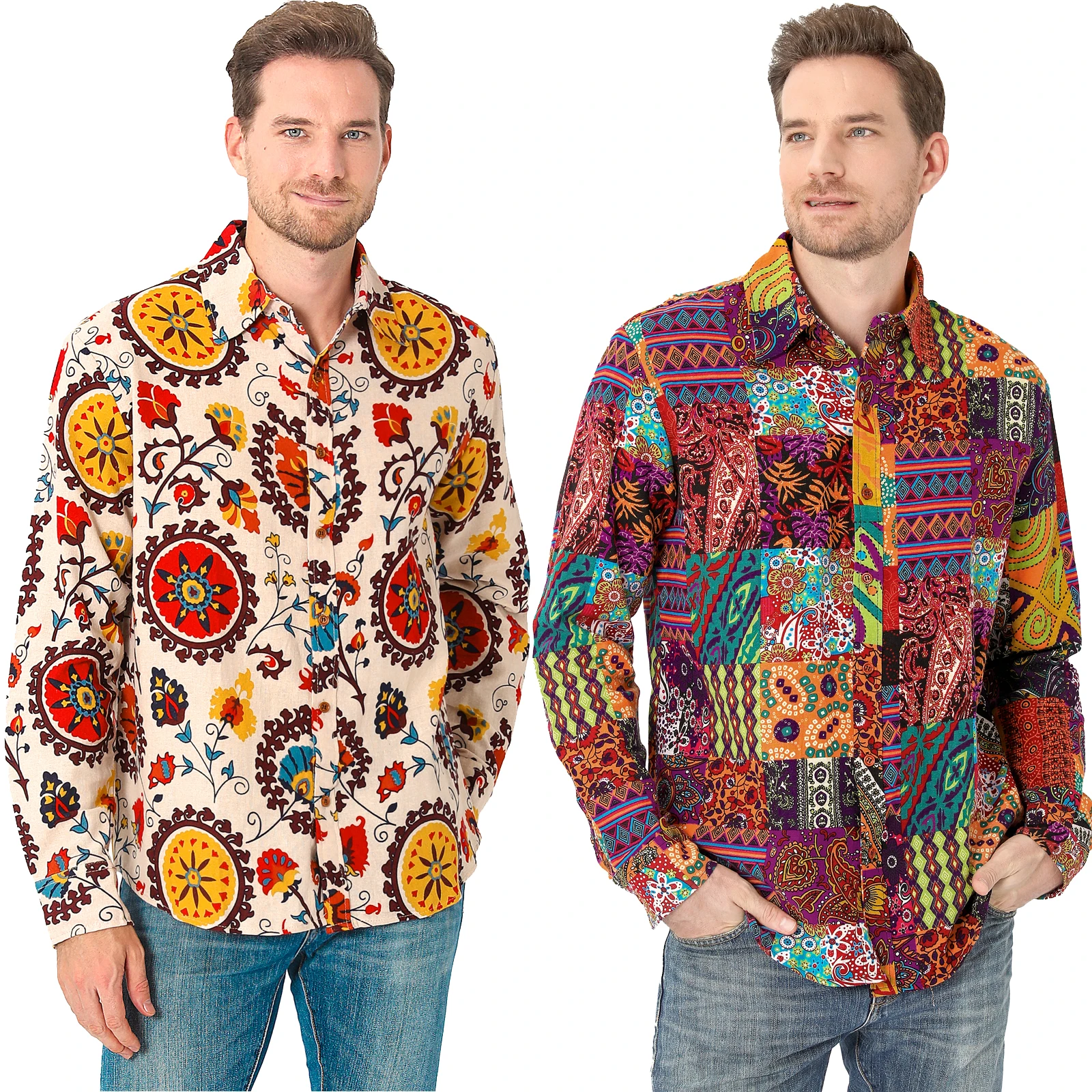 Men Shirts 70s Vintage Hippie Disco Party Dress Shirt Paisley Floral Funky Fancy Long Sleeve Casual Button Down Tops