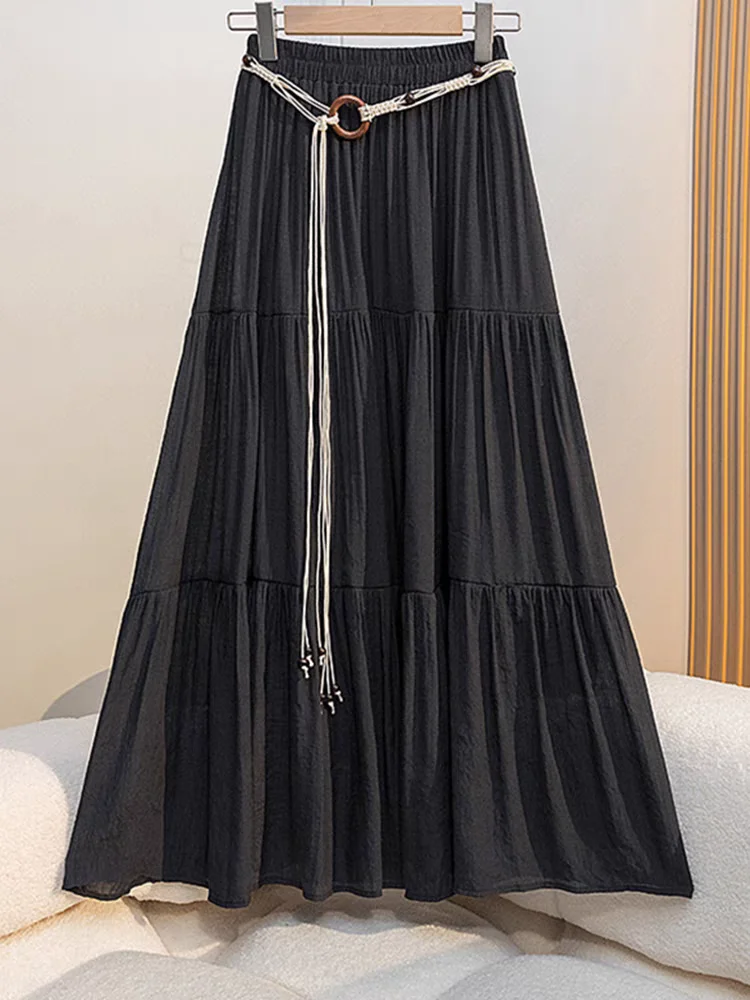 Jupe mi-longue d'été Boho en coton et lin : jupe longue plissée trapèze fluide avec coupe amincissante et design qui cache les hanches pour les vacances du resort