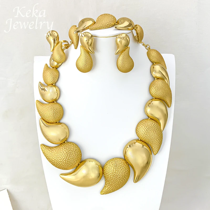 Textured Waterdrop Bridal Wedding Party Gifts Italian 18K Gold Plated Jewelry Set for Women Necklace Earrings Bracelet Ring