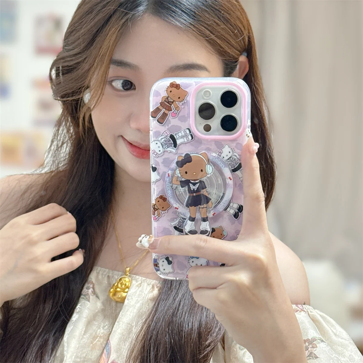 

Fashion Cute Hello Kitty Magnetic Stand Phone Case For iPhone 16 Pro 15 14 Pro Max 15Pro Cover with Holder Cartoon Cases