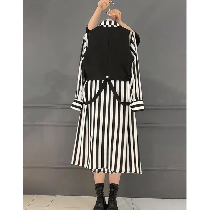 Striped Printed Midi Shirt Dresses Women\'s Spring New Single-breasted Fashion Fake Two Pieces Long Sleeve Casual Commute Dress