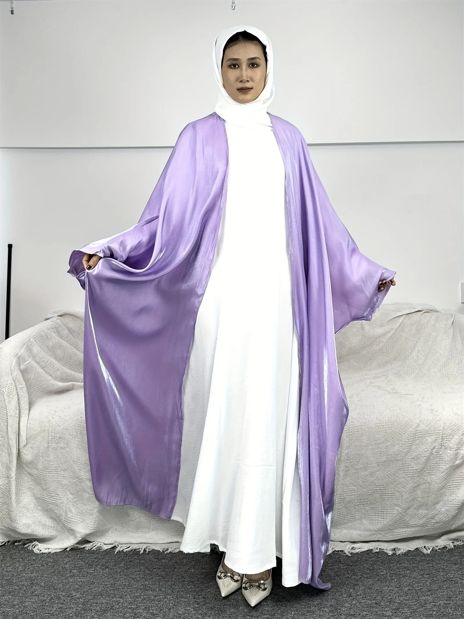 Abaya de manga comprida com frente aberta para as mulheres, kaftan muçulmano, cor sólida, elegante, solto, maxi comprimento, roupas femininas