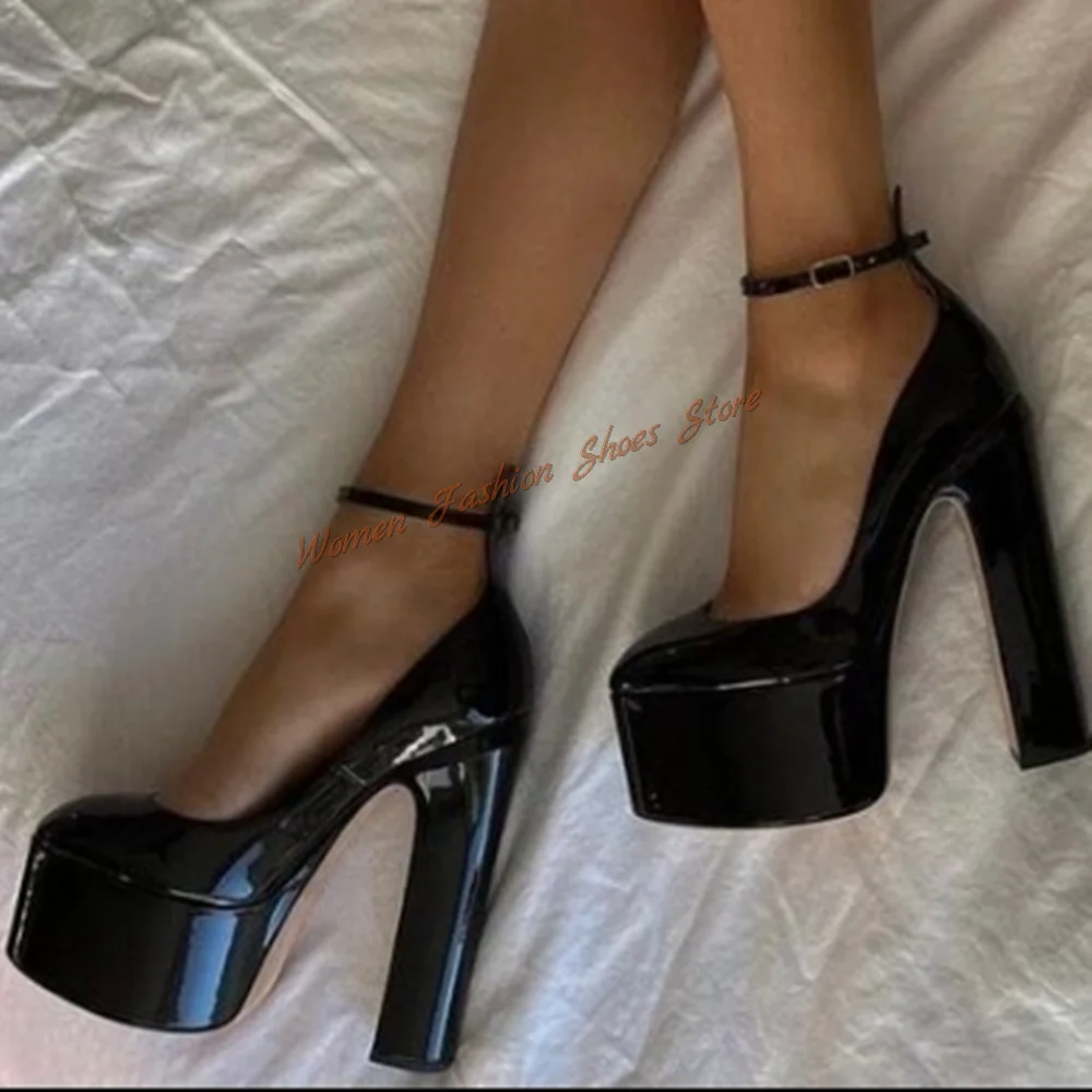 Black Platform Ankle Strap Pumps Chunky High Heels Patent leather High Heel Shoes for Women Heels 2024 New Zapatos Para Mujere