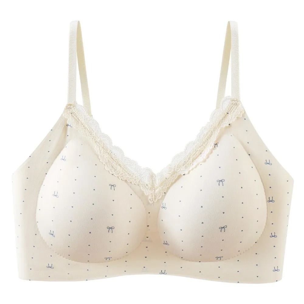 Traceless Lace Wireless V Bra Grid Pattern Flower Bow Brassiere for Women Anti-sagging Lingerie Lace Floral Print Bra