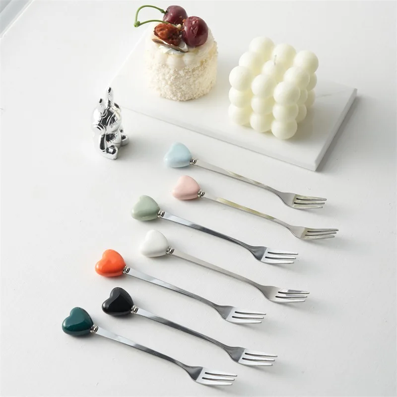 Ceramic Handle Stainless Steel Fork Creative Dessert Spoon Heart Shaped Coffee Stirring Spoon High Aesthetic Value Home Use