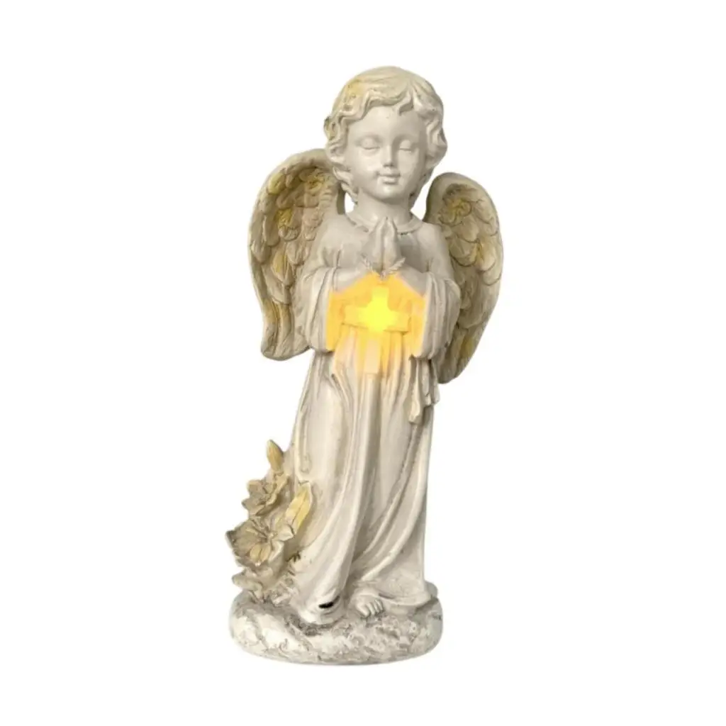 Memorial Angel Garden Sculpture with Light Decorative Display Sympathy Gift Multifunctional Cemetery Decoration 11.8inch Tall