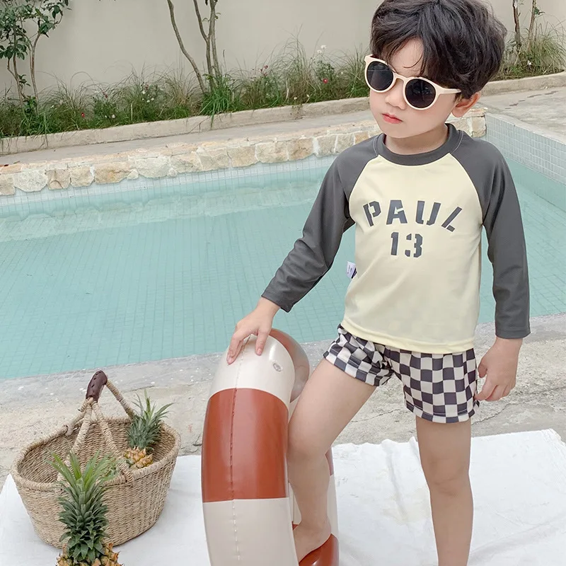 Kids Summer Swimwear Sets Baby Boys Long Sleeve Quick-Dry Letter Print Top + Plaid Swimming Trunks Surfing Suit Bathing Suit