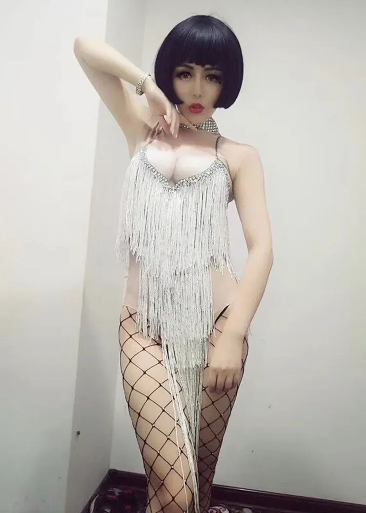 Strass scintillants blanc gland body Sexy discothèque Bar DJ danseur pôle danse Costume Performance frange justaucorps