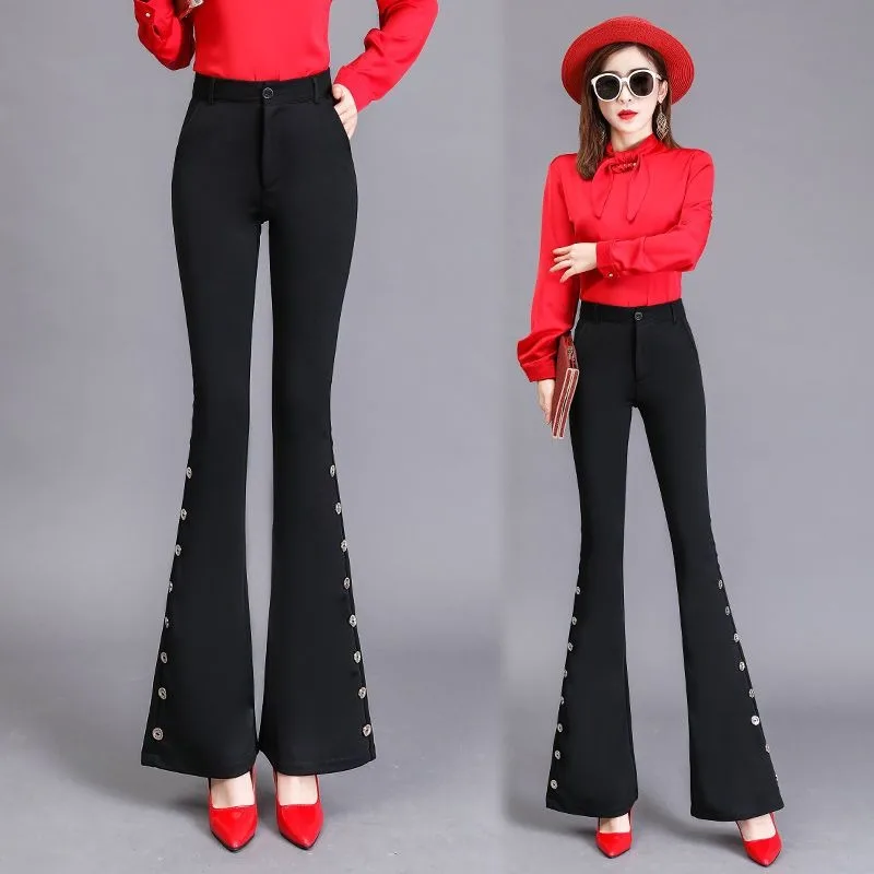 

Черные женские брюки с жидкими пуговицами, эстетические эластичные винтажные уличные тренды Y2k, 2024, шикарные и элегантные женские брюки-клеш