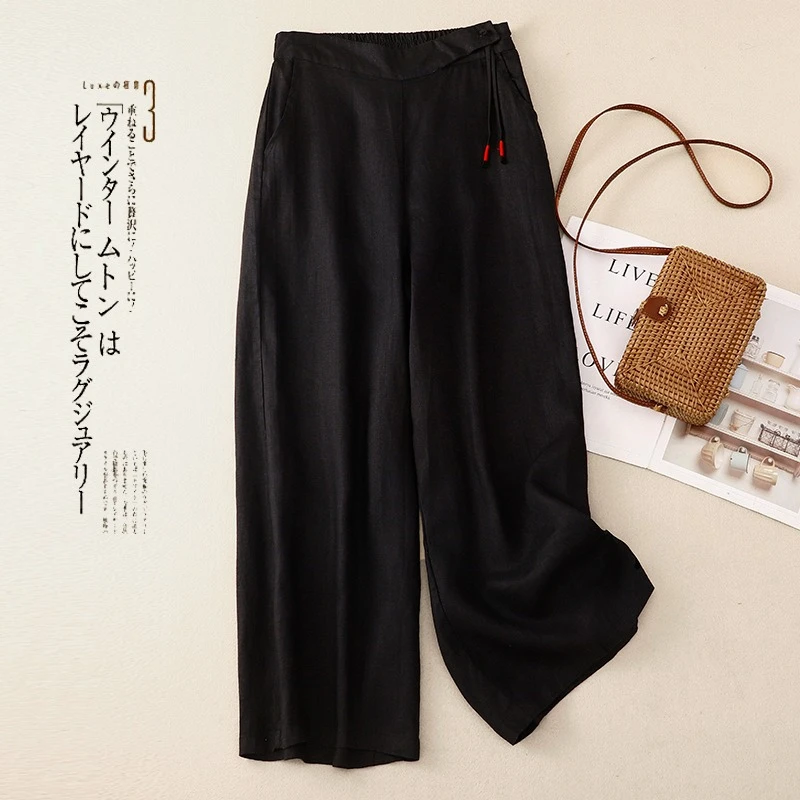 2025 Summer New Solid Colors Cotton and Hemp Wide Leg Cropped Pants