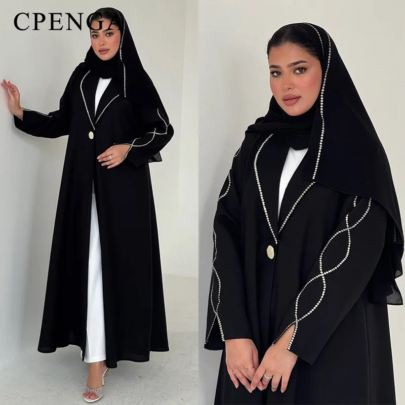 

Ramadan Two-piece Dubai Modest Abaya Dress with Hijab Elegant Middle Eastern Muslim Women Black Cardigan Islamic Turkey Robe