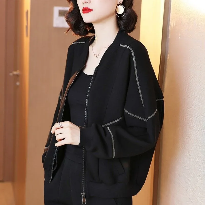 

Mlb Black Short Women's Coat Spring Autumn New Long Sleeved Leisure Loose Fitting Jacket Go Out Zipper Splicing Solid Color