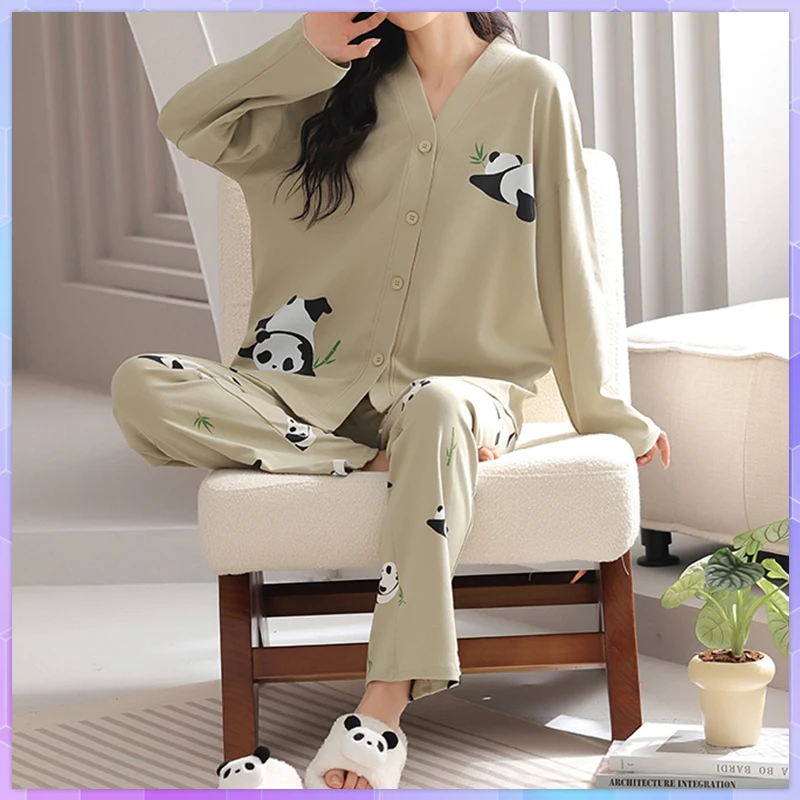 Spring Autumn Women's Cotton Pajamas With Pants Sets Cute Printed Girls Pajama Lapel Button Cardigan 2 Piece Home Wear Trousers