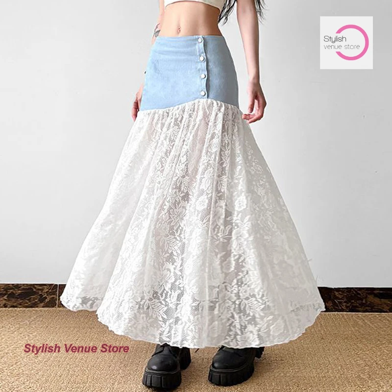 

French breasted denim stitching jacquard lace skirt women's summer new fashion design fresh and sweet casual button dress.