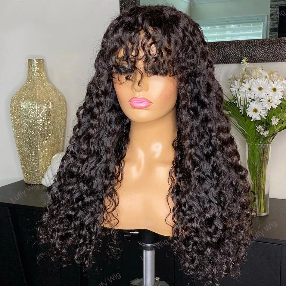 Wig gelombang air panjang untuk wanita hitam Wig rambut manusia keriting Malaysia dengan poni mesin penuh Wig dibuat Wig rambut manusia Remy murah