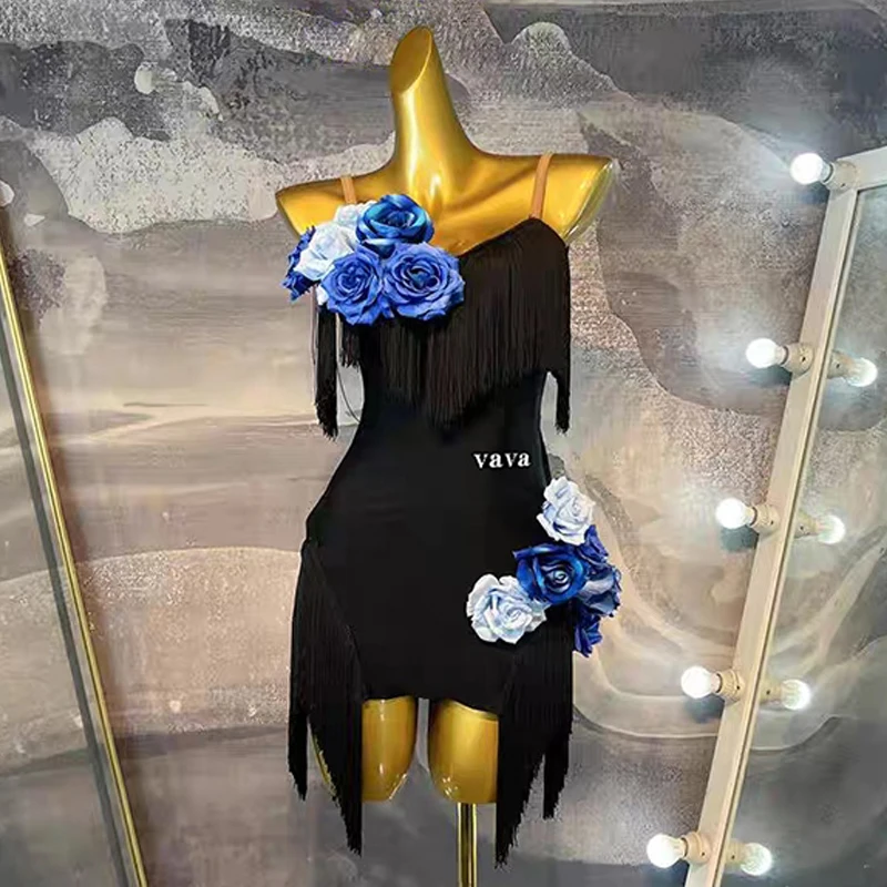 Latin Dance Costume Women Girls Flower Fringe Black Dress Competition Dress Backless Cha Cha Samba Rumba Dance Clothes BL16831