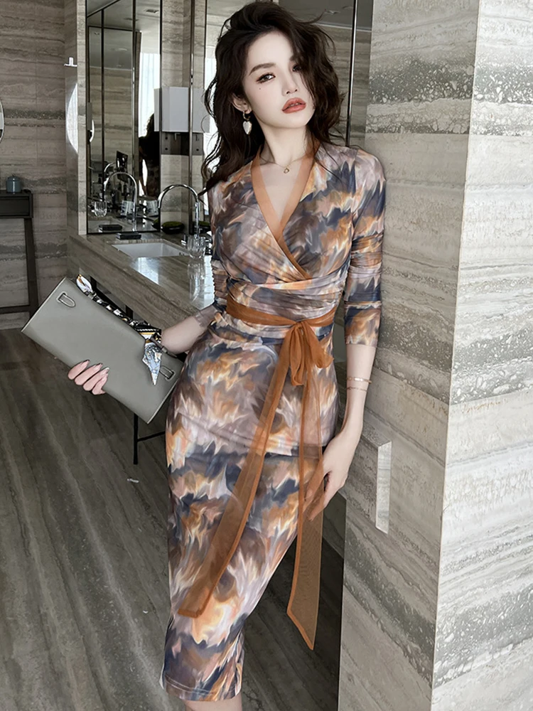 Hohe Qualität Frühling Herbst Mesh Elegante Frauen Abendkleid Vintage V-ausschnitt Bodycon Midi Party Straße Robe Femme Mujer Vestidos