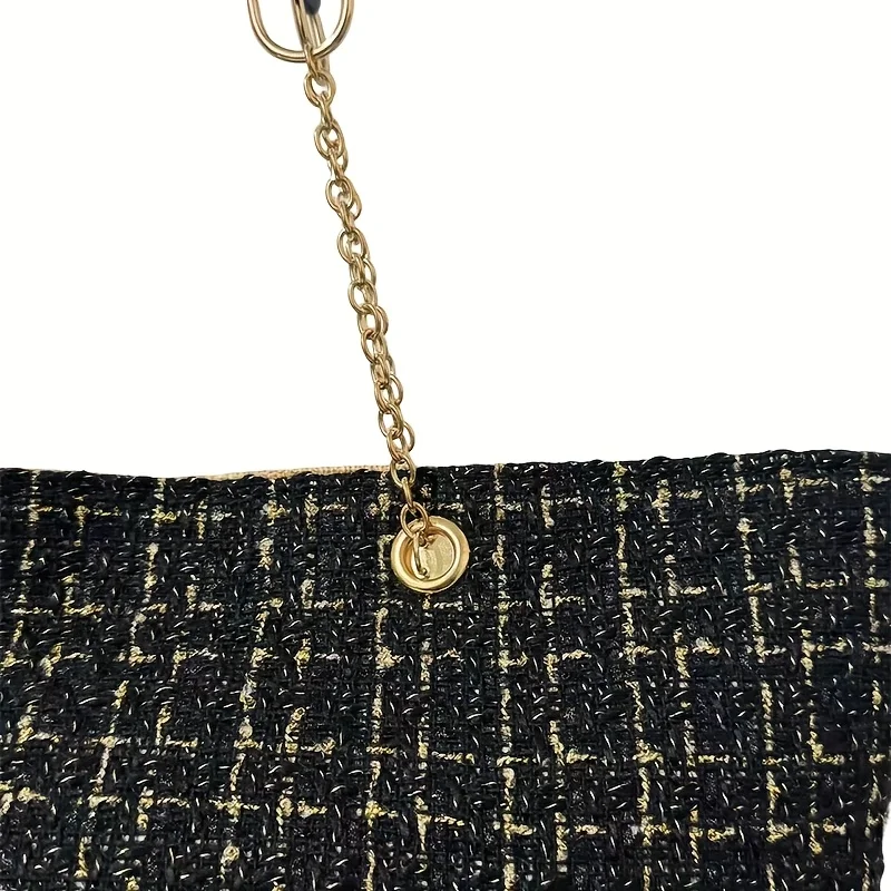 Elegante Damen-Vintage-Tweed-Tragetasche mit Karomuster, elegante Schultertasche mit großem Fassungsvermögen und goldenem Kettenakzent – Detail 9