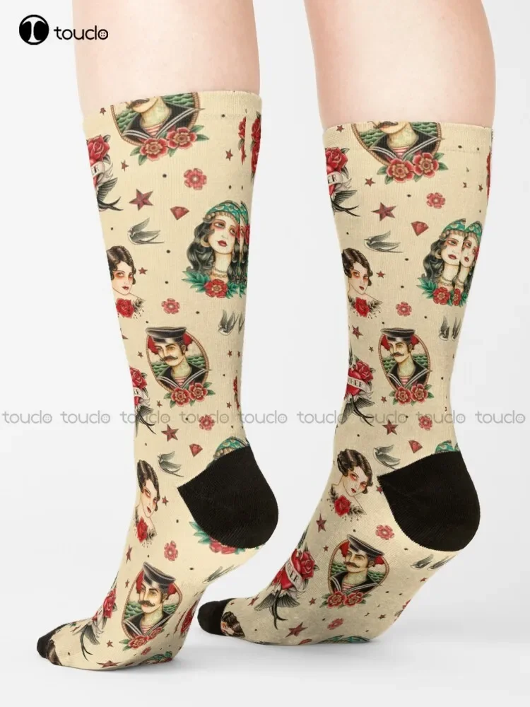 Old School Tattoo 02. Beige Socks Skeleton Socks Christmas Gift Unisex Adult Teen Youth Socks Custom 360° Digital Print