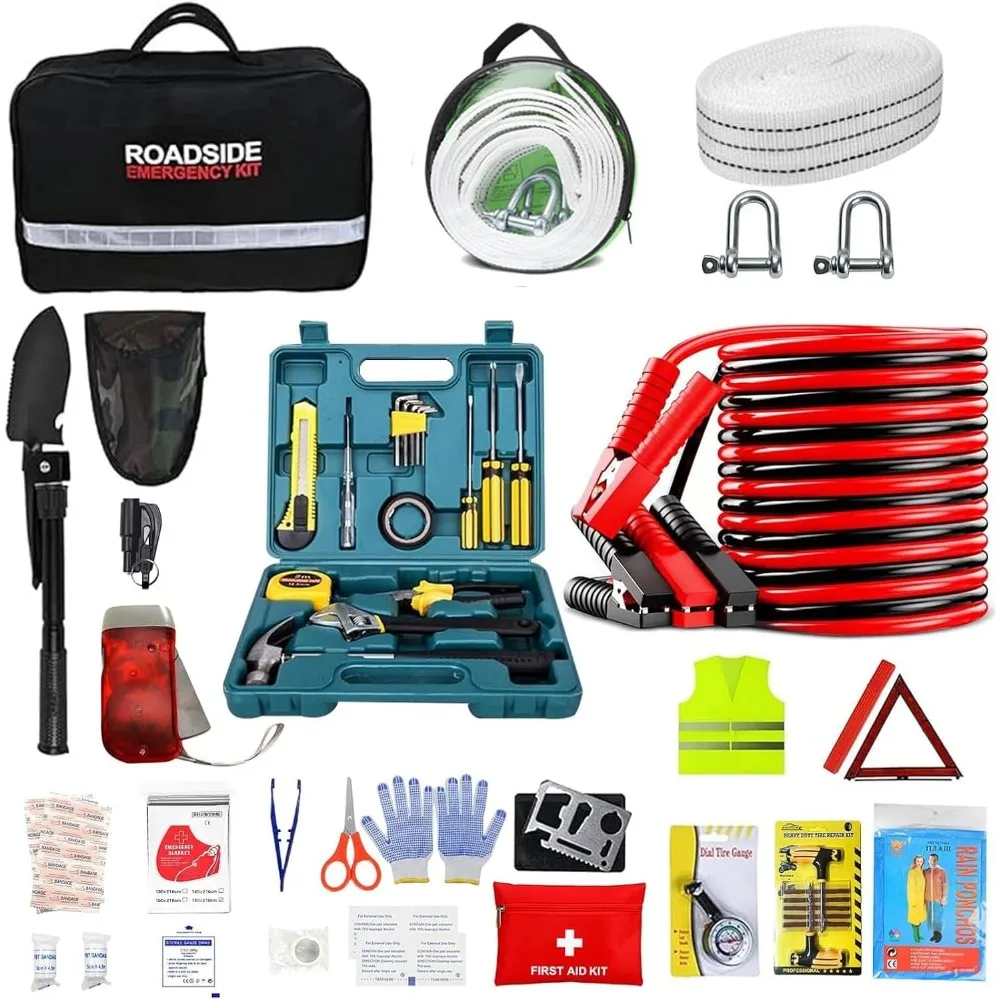 

Car Emergency Kit with 13ft Tow Rope, Tire Pressure Gauge, Tire Repair Kit, Jumper Cables, Window Breaker, Shovel & First Aid Ki